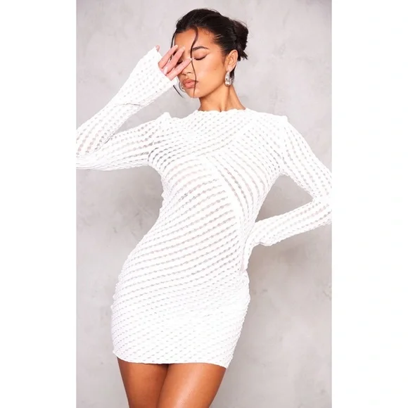 PrettyLittleThing | Dresses | Pretty Little Thing White Crinkle Texture  Long Sleeve Bodycon Dress | Poshmark